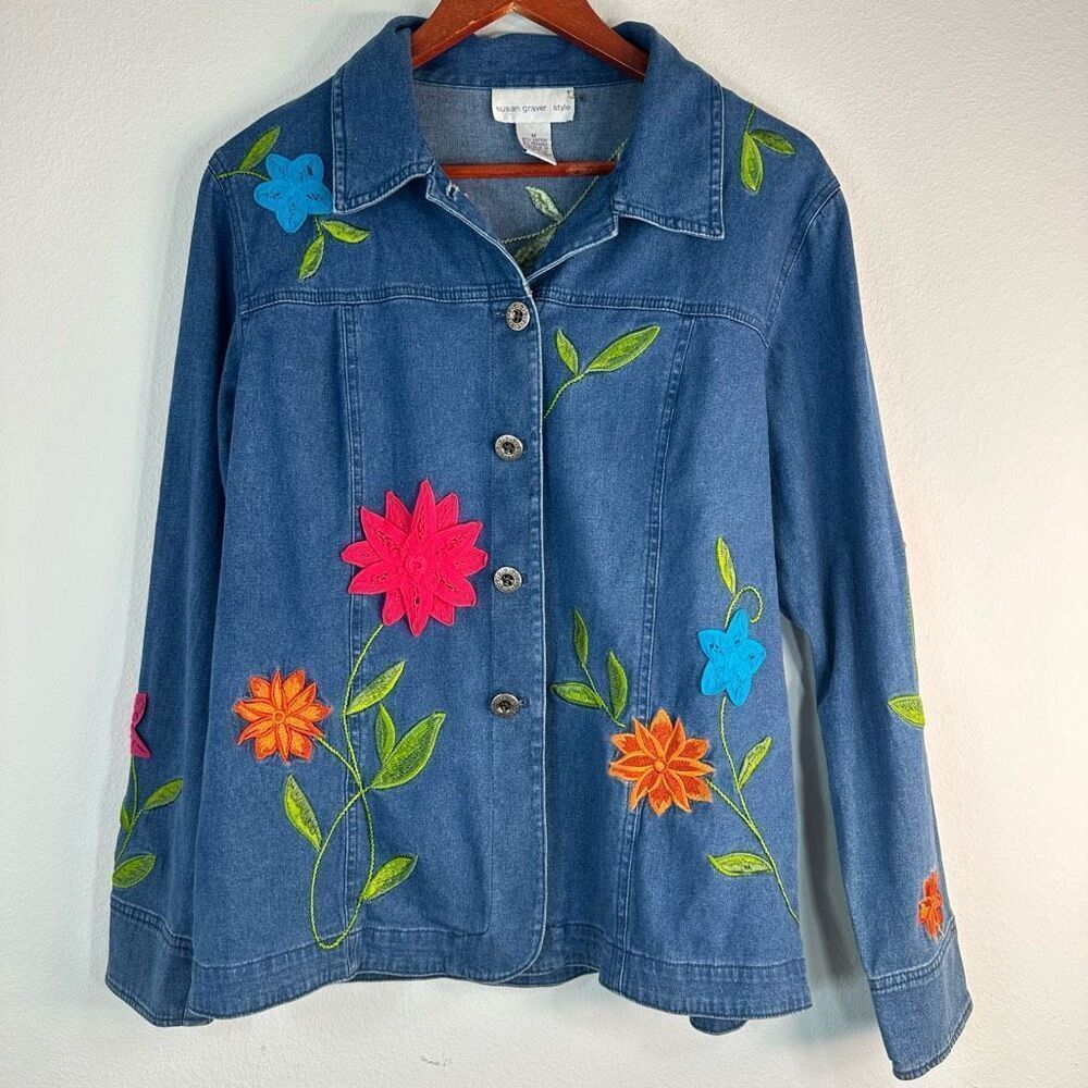 Susan Graver Floral Embroidered Denim Jacket Womens Medium Boho Y2K Fairycore